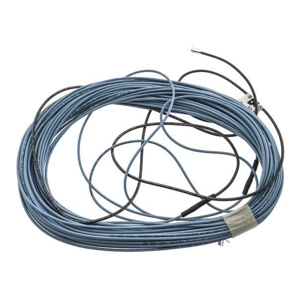 A coil of blue and black wires with a white background.