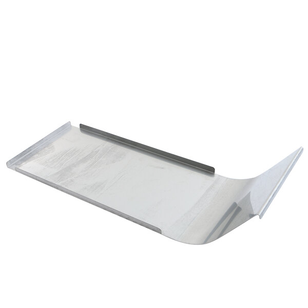 A metal tray with a curved edge and a handle.