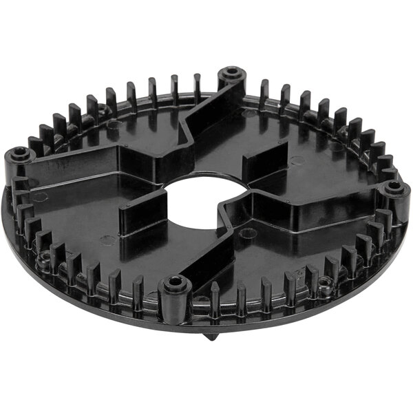 A black circular plastic gear wheel with holes.