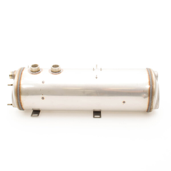 A stainless steel Champion booster tank with two holes.