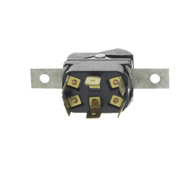 A close-up of a black Champion DPDT rocker switch with metal parts.