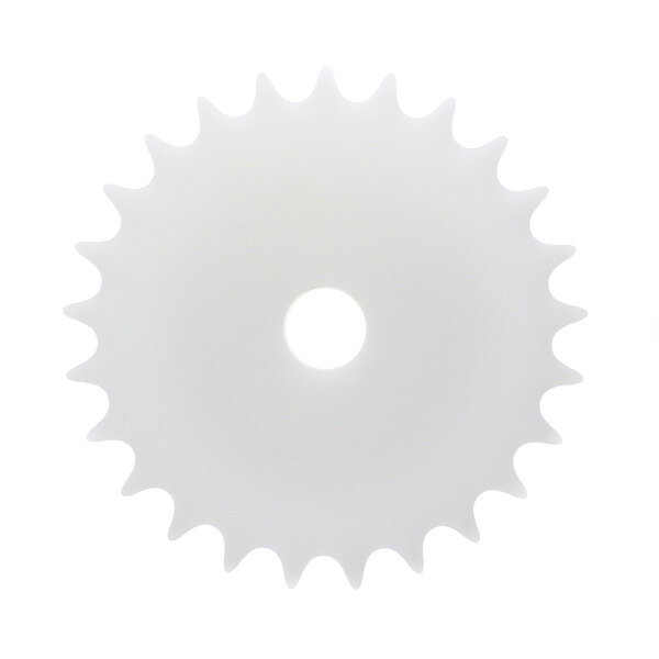 A white circular gear with a hole in the middle.