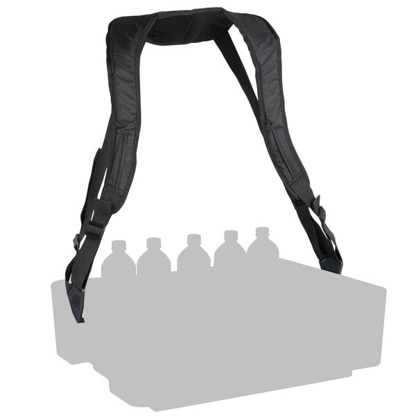 A black backpack harness with a bottle holder strap.
