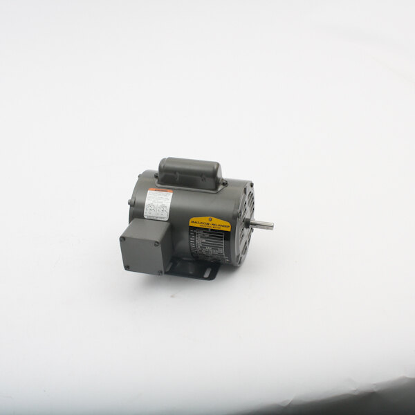 A grey Blakeslee 5280 electric motor with a yellow label on a white surface.