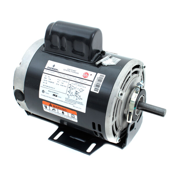 A black and silver electric motor with a white label.