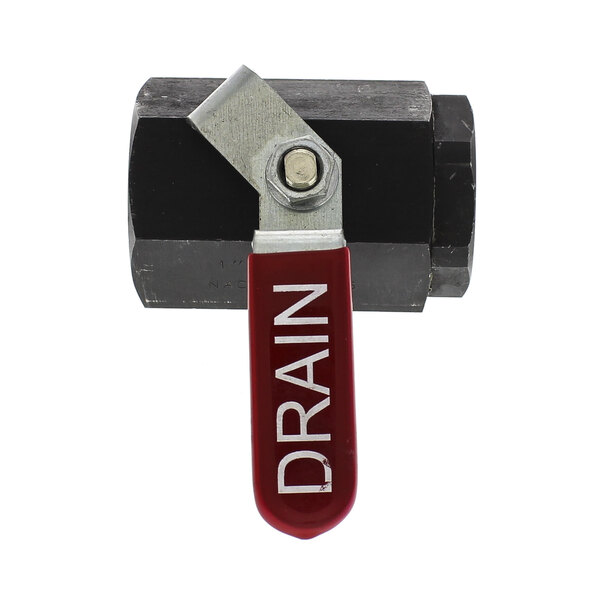A black and red Vulcan drain valve with a red handle.