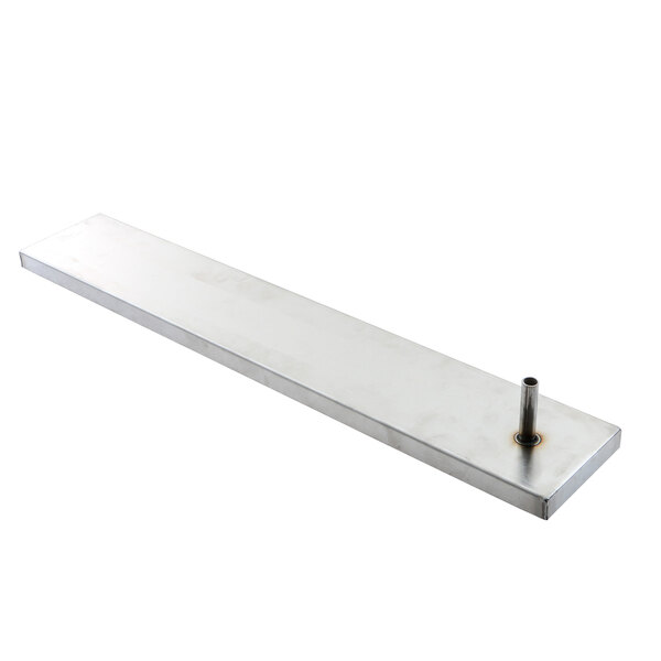 A Randell stainless steel rectangular drain pan with a metal rod.