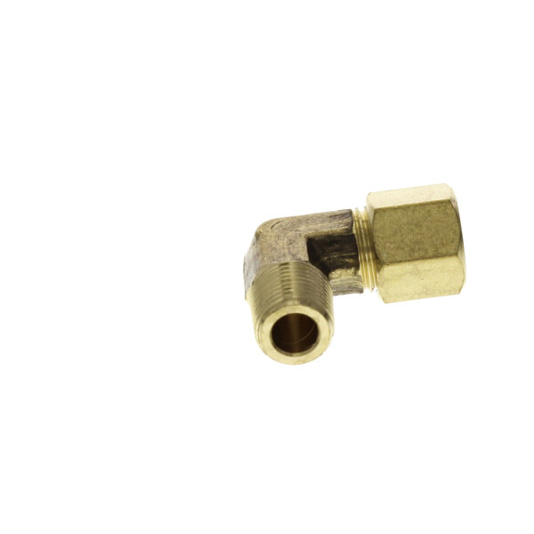 A close-up of a gold metal Vulcan FP-012-21 threaded pipe fitting.