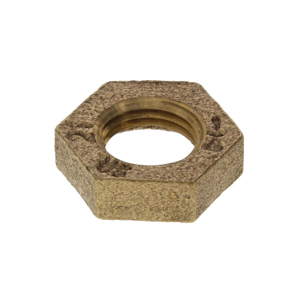 A close-up of a brass Vulcan lock nut with a hexagon shape.