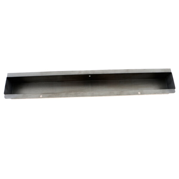 A rectangular metal shelf with a long rectangular metal box on it.