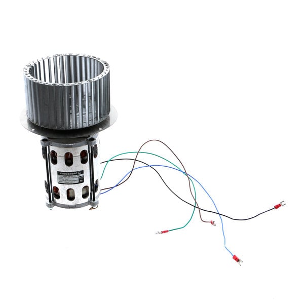 A blower motor kit for an Ovention conveyor oven with a metal cylinder and wires.