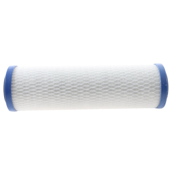 A close-up of a white and blue Blodgett carbon water filter cartridge.