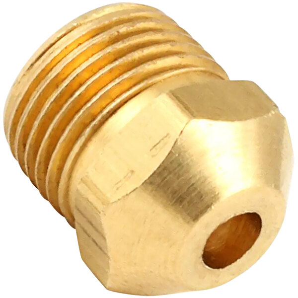 A gold metal nut with a hole on a white background.