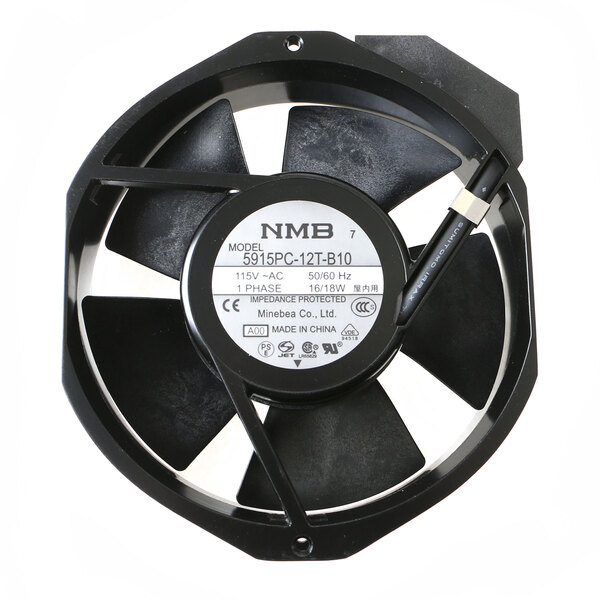 A close-up of a black and white Grindmaster Cecilware condenser fan motor.