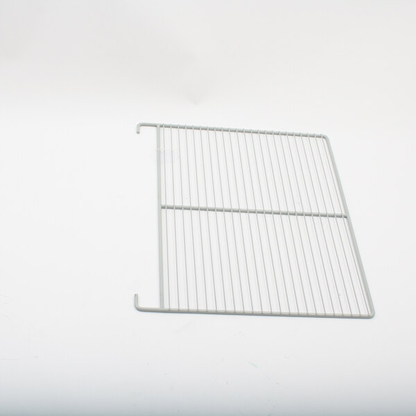 A white wire rack on a white surface.