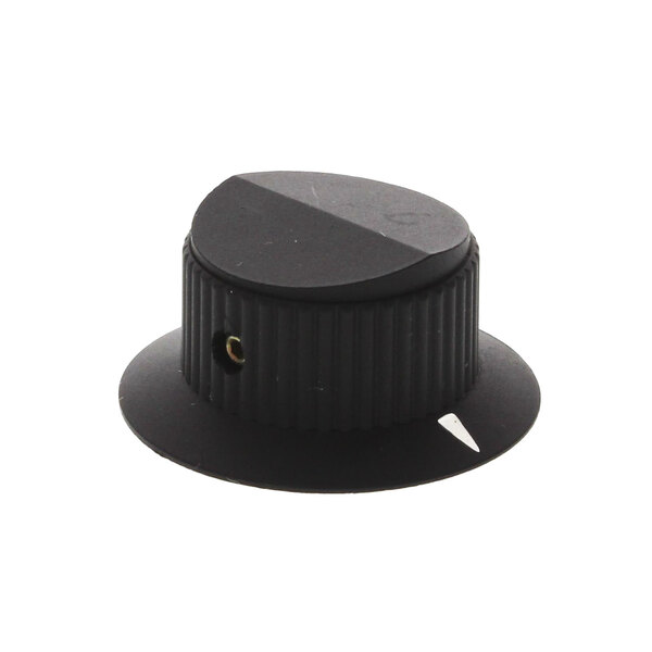 A black plastic knob with a white border.