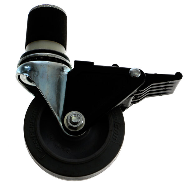 A black and silver Groen caster wheel with a black rubber tire and metal handle.