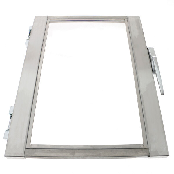 A rectangular stainless steel door with a black handle on a white background.