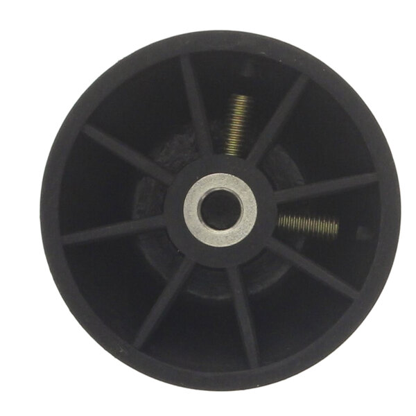 A close-up of a black plastic Blodgett 51372 large oven knob with screws.