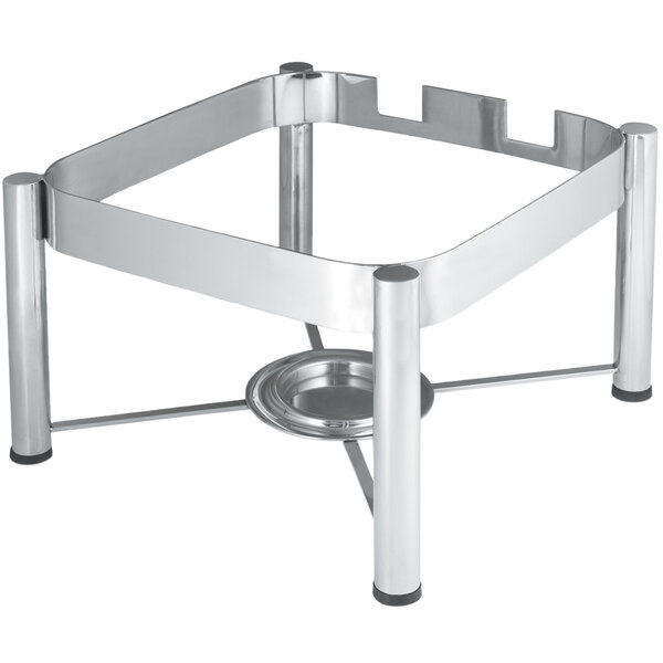 A silver stainless steel stand with a tray on it.