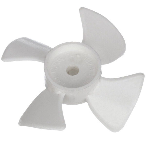 A white plastic fan blade with a hole in it.