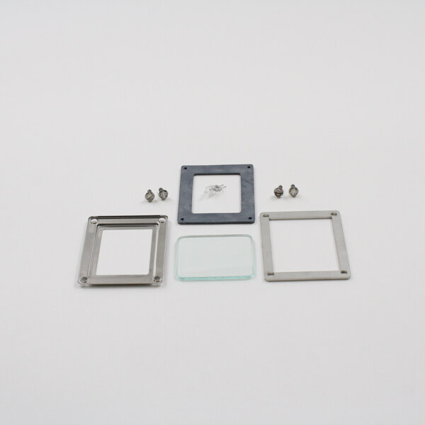 A group of metal frames and screws with a white background.