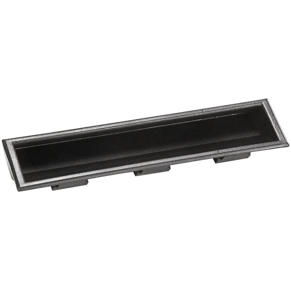 A black rectangular plastic handle with a silver border.