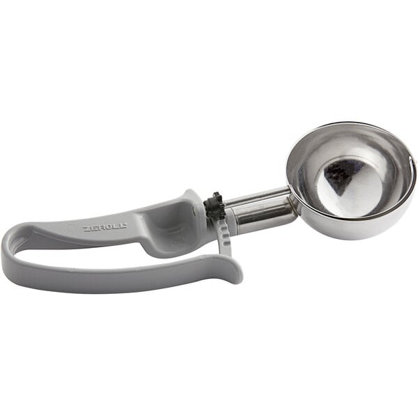 A Zeroll gray metal ice cream scoop with a squeeze handle.