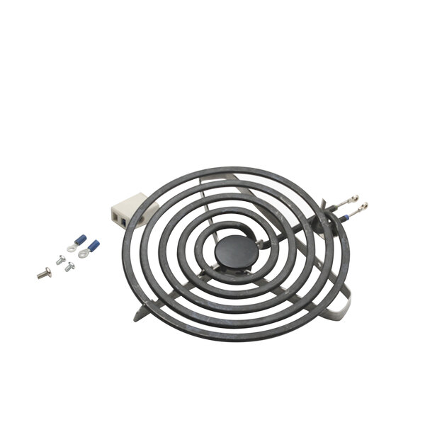 A black circular stove top burner coil with wires and screws.