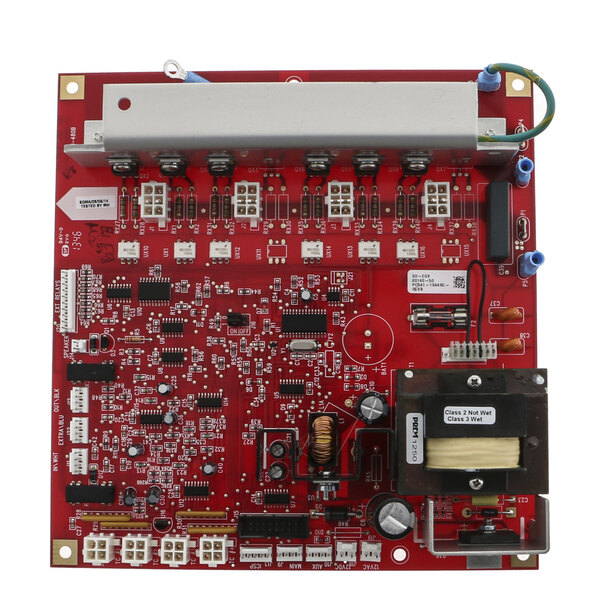 A red circuit board for the Prince Castle 541-1080S main pc board with many small components.