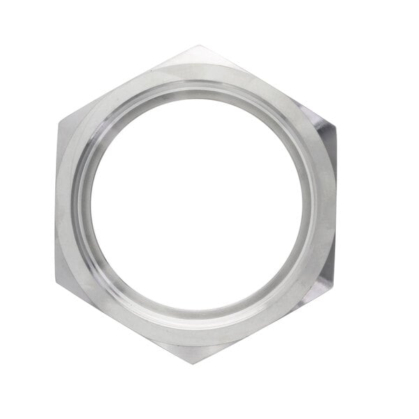 A stainless steel hex nut with a silver finish.