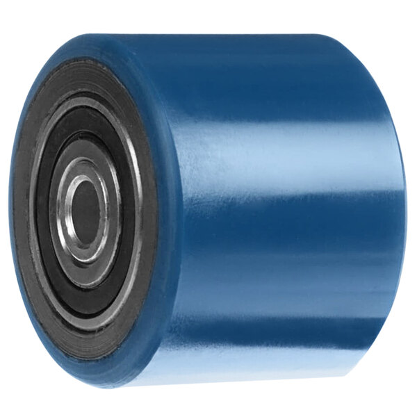 A blue rubber roller wheel with a circular metal center.