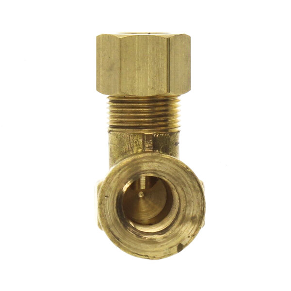 A close-up of a brass Vulcan gas fitting with a white background.
