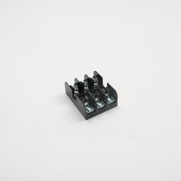 A close up of a black Alto-Shaam fuse block holder with metal parts.