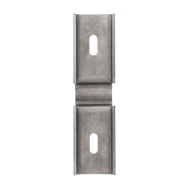 A pair of stainless steel brackets with a rectangular hole in one end.