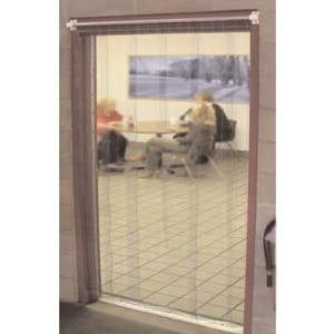 A Curtron Standard Grade strip door with a clear glass panel in it.