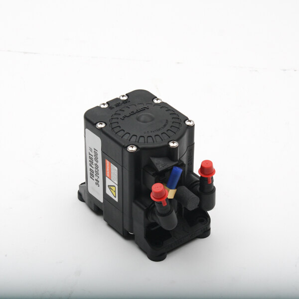 A black plastic FBD water pump with red and blue buttons.