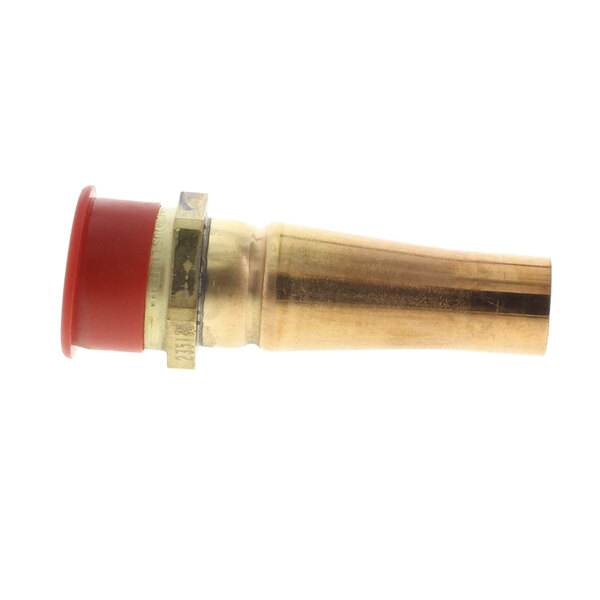 A close-up of a brass nozzle with a red cap on it.
