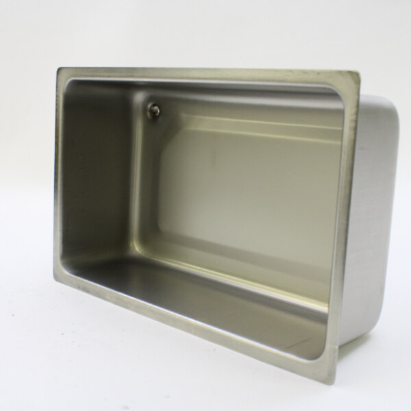 An APW Wyott stainless steel rectangular pan with a drain hole on a countertop.