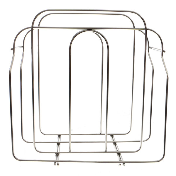 An Avtec stainless steel two tier tray carrier rack with curved metal bars.