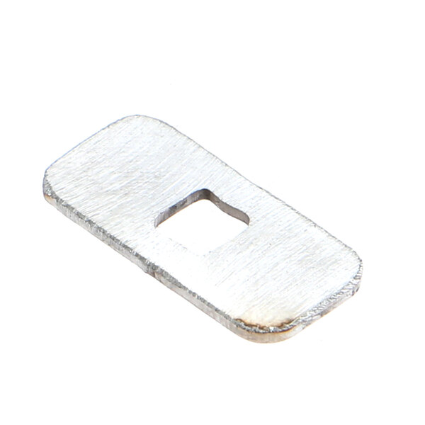 A rectangular stainless steel clip with a hole in it.