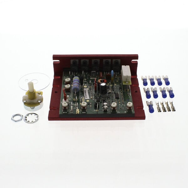 A red Robot Coupe RV6041 electronic control board with various components on a white background.