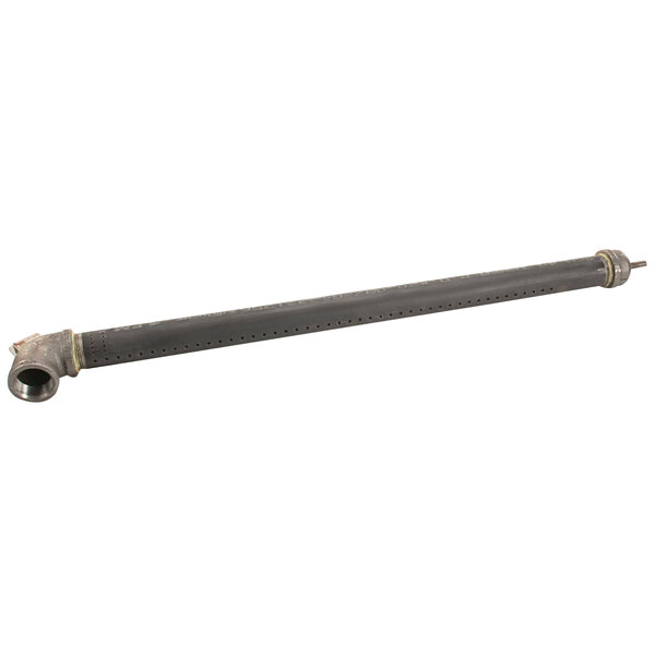 A long metal pipe with a rectangular elbow and holes.