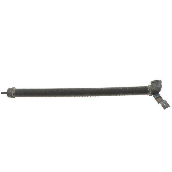 A black metal rod with a black cap and elbow.