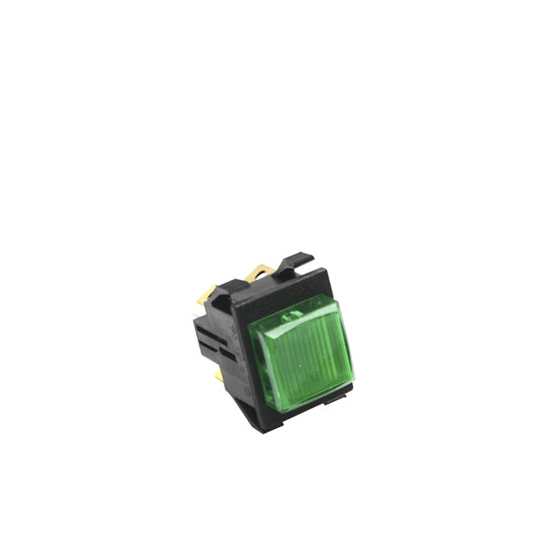A green square push button switch with a black base.