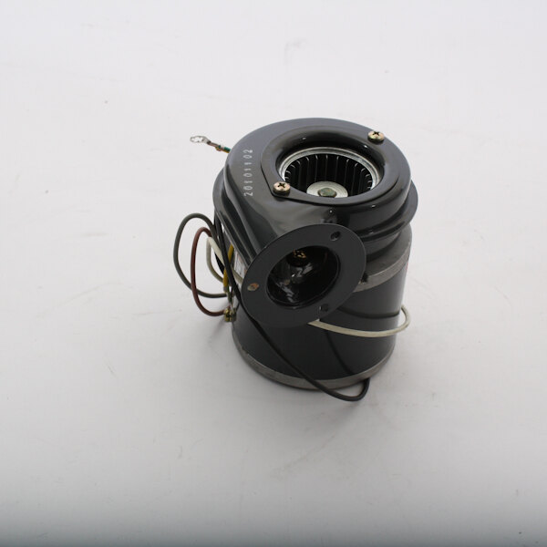 A black round BKI fan motor with wires.