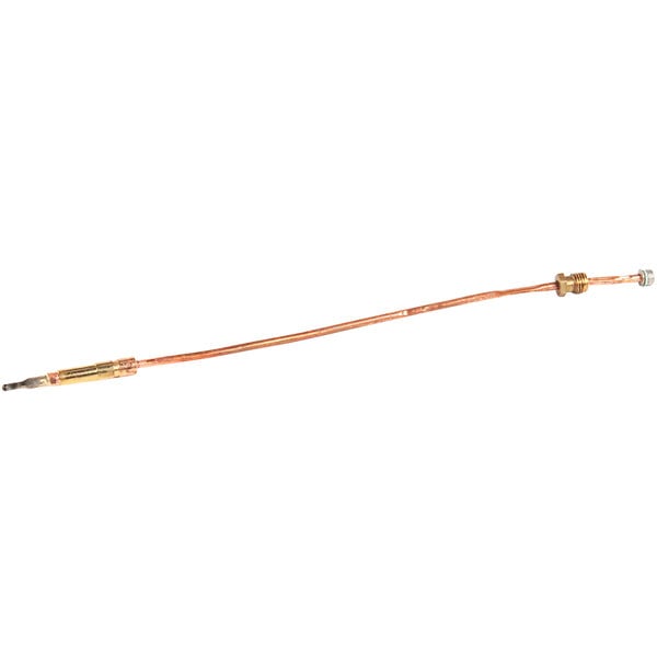 A long copper thermocouple with a white background.