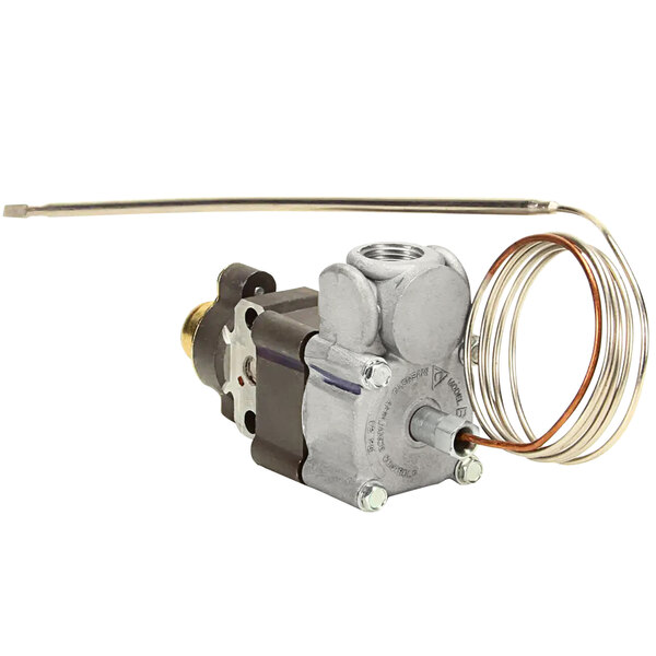 A Bakers Pride thermostat with a metal hose and a wire.