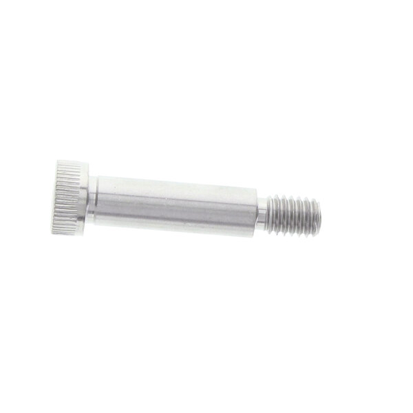 A silver screw with a nut on a white background.