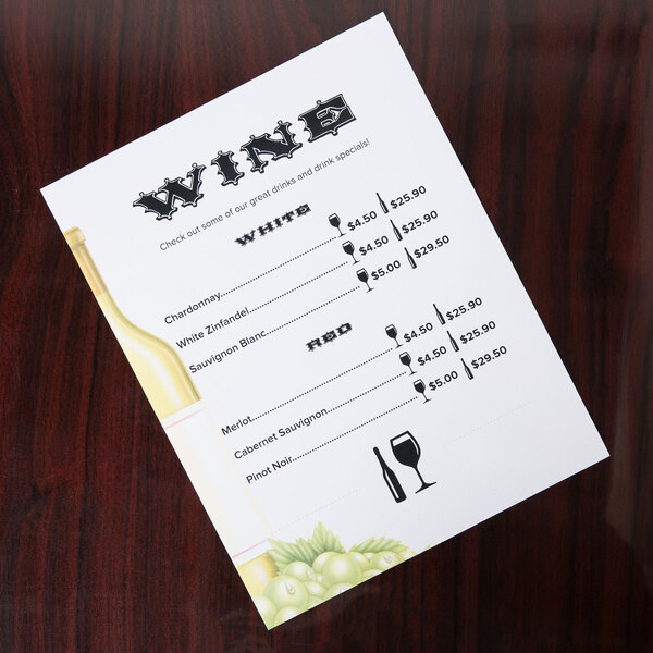 Menu paper with a wine themed column design on a white background.